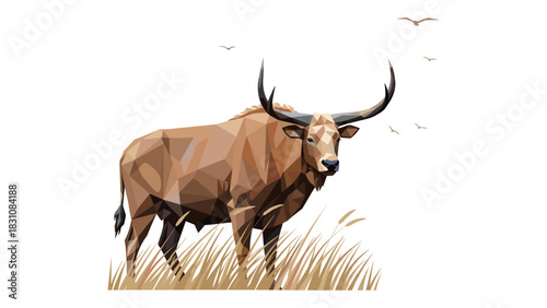 Geometric bull in natural habitat with birds in minimalist polygon art style