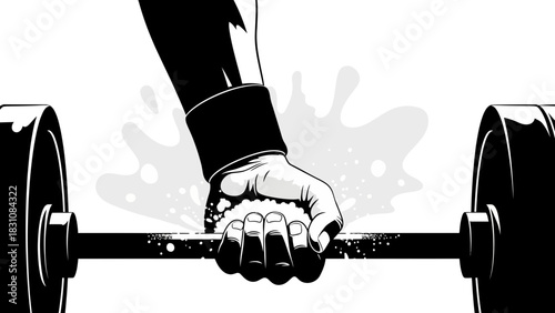 Powerful monochrome illustration of a hand gripping a barbell, conveying strength and determination in fitness, sports, or weightlifting contexts
