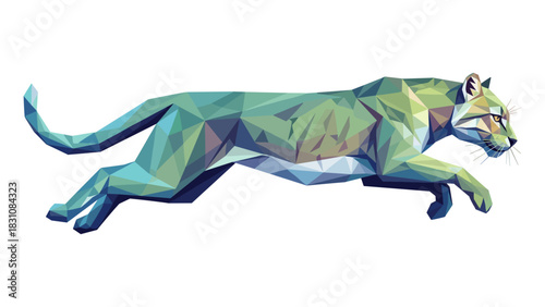 Geometric low poly cheetah in dynamic leap pose on white background
