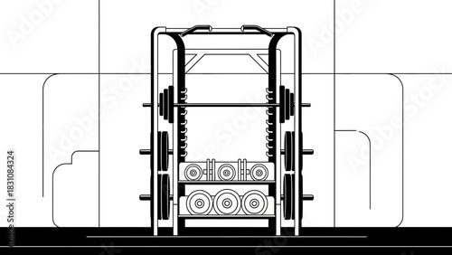 Modern black and white line art: Gym weight rack filled with weights, ideal for fitness content, workout routines, and promoting a healthy lifestyle
