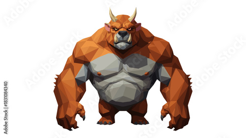 Geometric low poly minotaur with horns and muscular build in 3d style