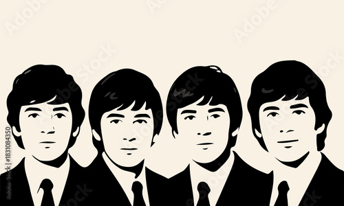 Beatles four musicians vintage photo, vector art illustration.