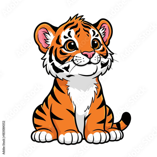 Adorable cartoon tiger cub sitting patiently, perfect for children's books, educational materials, or zoo-themed designs needing a touch of whimsy