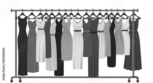 Elegant dresses on a rack ready for your fashion blog or boutique promotion, vector art of dress styles for retail and online sales, modern designs