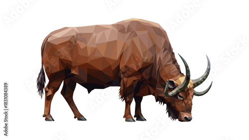 Low poly geometric buffalo grazing with large curved horns