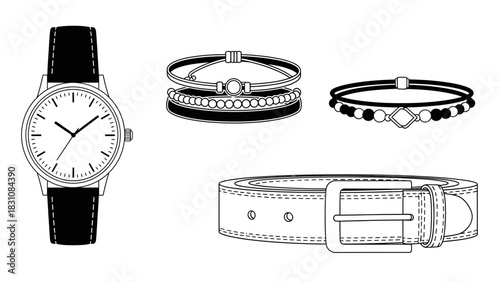 Timeless elegance captured in a wrist watch, stylish bracelets, and a classic belt, perfect for fashion accessories product display and creative designs