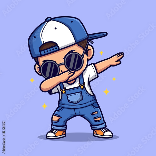 Adorable cartoon boy dabbing with cool sunglasses and baseball cap radiates youthful energy and fun, perfect for kids' designs and trendy projects