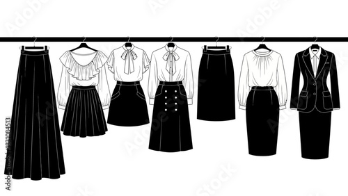 Elegant and professional work wardrobe essentials, showcasing classic skirts, blouses, and a stylish suit offering timeless style and sophistication for business attire