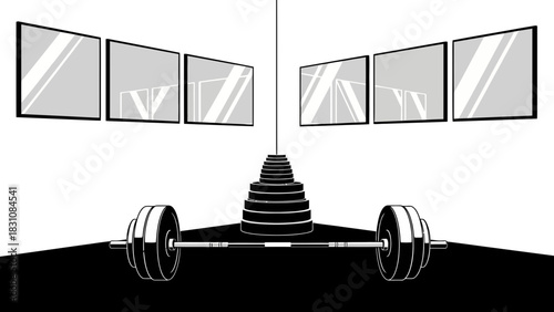 Sleek monochrome vector design showcases gym interior with barbell and mirrors, perfect for fitness, health, or workout themed projects needing a modern, clean look