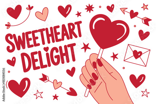 A hand holds a heart-shaped lollipop surrounded by various heart decorations, stars, and an envelope.