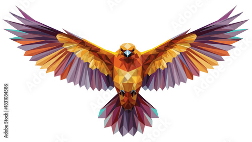 Geometric polygonal bird with vibrant colors and spread wings