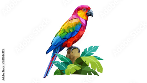 Vibrant low poly parrot perched on branch with tropical foliage