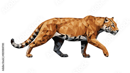 Geometric low poly tiger walking on white background