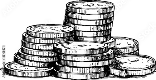 Vintage coins in a stack illustration. Detailed engravings in black and white. This vector set depicts money and economy.