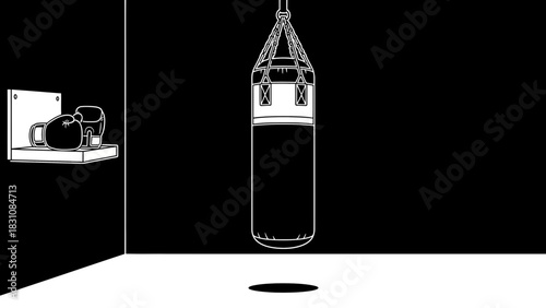 Elevate Your Workout: Modern Gym Setup Featuring Punching Bag and Boxing Gloves, Perfect for Fitness, Training, and Strength Concepts, Originally a Scalable Vector Graphic