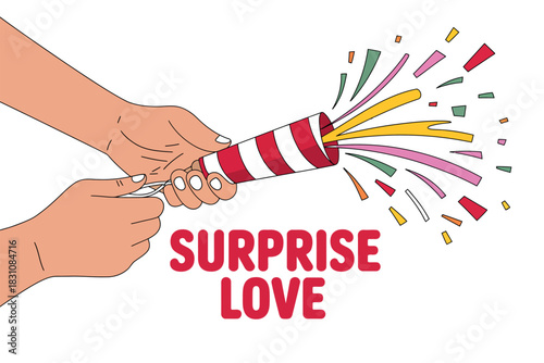 Hands activating a party popper that is releasing colorful confetti, with the words SURPRISE LOVE displayed.