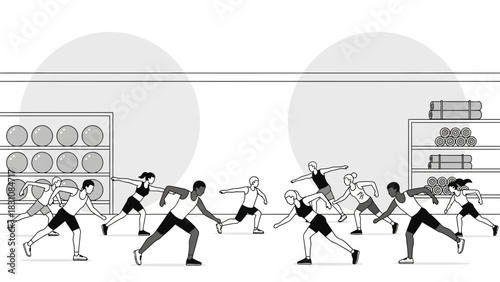 Dynamic fitness class with diverse group, exercising together in modern gym, promoting wellness and active lifestyle, original vector design, health concept