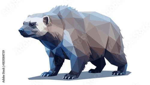 Low poly wolverine design: geometric wildlife art in shades of blue and gray