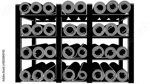 Stylish blueprint rolls on shelves conveying architectural designs, construction plans, or engineering projects, originally a scalable vector graphic