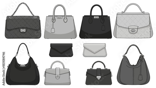 Chic handbag collection, perfect for fashion blog, ecommerce shop, or stylish woman's brand. Modern, elegant accessories for the discerning shopper