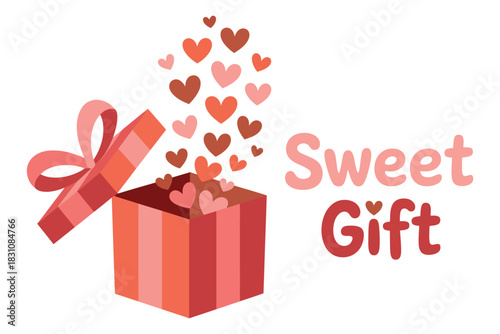 A present box opens to reveal hearts, representing a sweet gift.