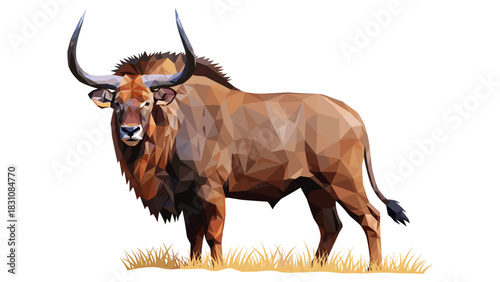 Geometric polygonal bison standing on grass
