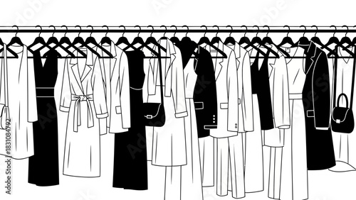 Stylish wardrobe collection with dresses, jackets, and suits hanging neatly, perfect for minimalist fashion concepts or boutique designs with a modern edge