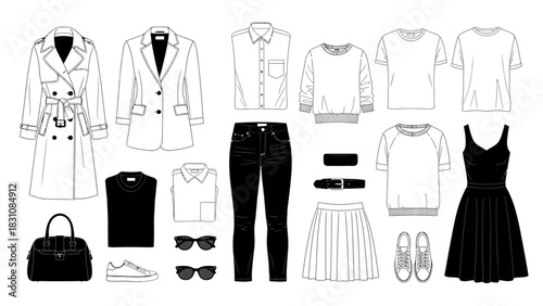 Chic wardrobe capsule for stylish everyday wear, featuring a timeless trench coat, blazer, jeans, dress, and versatile separates for effortless style