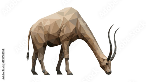 Geometric antelope grazing in low poly style on white background