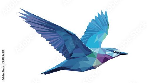 Geometric low poly bird in flight with vibrant colors on white background