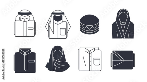 Elegant set of minimalist line art icons showcasing traditional Middle Eastern clothing, ideal for cultural projects and designs, timeless and modern