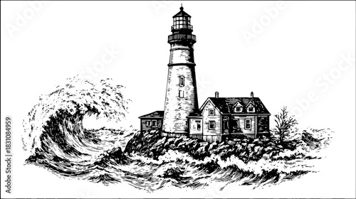 Vintage lighthouse engraving with detailed waves. Black and white line drawing in a coastal landscape vector illustration.