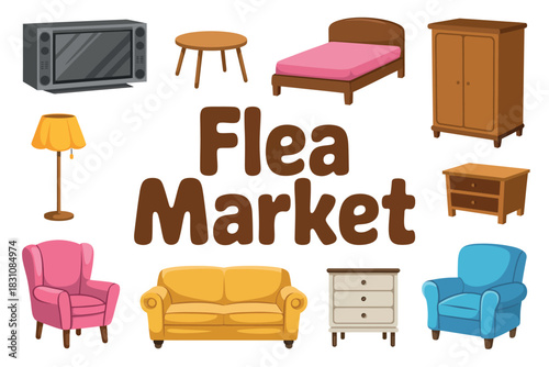 A collection of household furniture items displayed at a flea market.