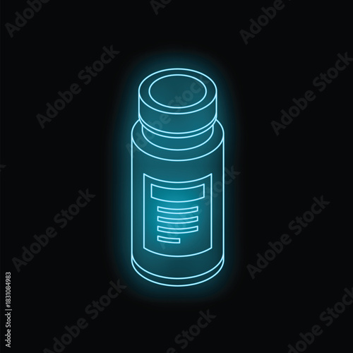 Neon blue isometric medicine bottle glowing on black background