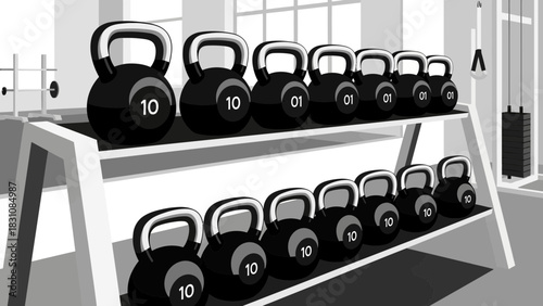 Monochrome kettlebells neatly arranged on a rack, offering versatile fitness equipment solutions and promoting a healthy lifestyle for strength training routines