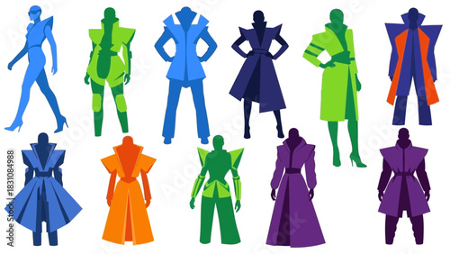 Futuristic fashion concept with stylized figures in bold, vibrant colors, a striking visual collection with a high-fashion aesthetic and vector design origin
