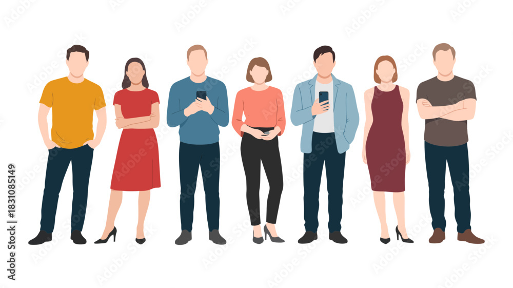 Obraz premium Diverse group of seven casually dressed men and women standing together holding smartphones, isolated on a white background, representing modern communication and connection.