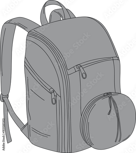 Backpack, vector, illustration, sketch, outline, fashion, gear, durable, ergonomic, structured, silhouette, layout, equipment, design, zipper, protection, accessory, padded, travel, pocket, handle