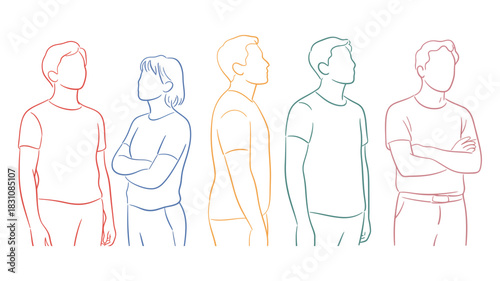 Group of diverse people standing in profile and facing forward, depicted with colorful line art outlines on a white background, representing individuality and unity.