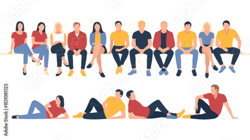 Diverse group of men and women sitting and lying down, diverse ages and ethnicities, isolated on white background, representing community and togetherness, modern flat illustration style
