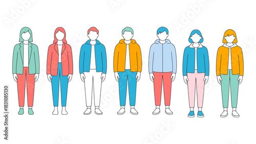Diverse group of six stylized cartoon people standing in a line, showcasing casual winter outerwear in vibrant colors and simple minimalist outlines.       