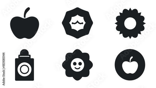 Iconic Silhouette: A collection of simple, black and white icons representing an apple, a flower, a smiling face, and more, offering versatility for digital designs and print projects.