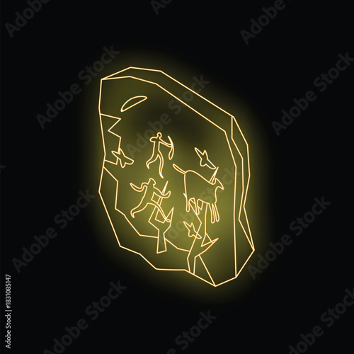 Neon sign illustrating a cave painting of ancient people hunting animals