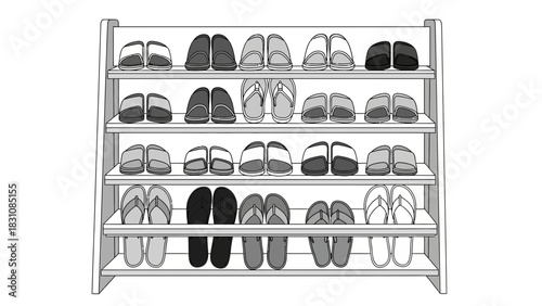 Grayscale Shoe Rack with Slippers and Flip-Flops