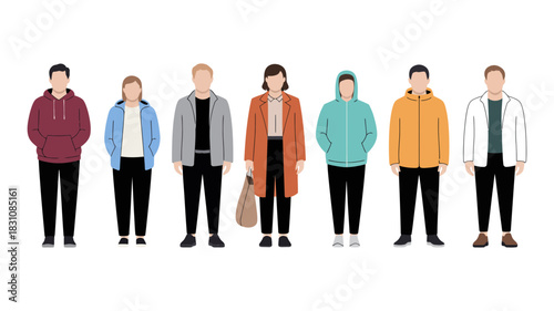 Diverse group of people standing in a line, showcasing a variety of casual and modern fashion styles and outfits for men and women, isolated illustration.