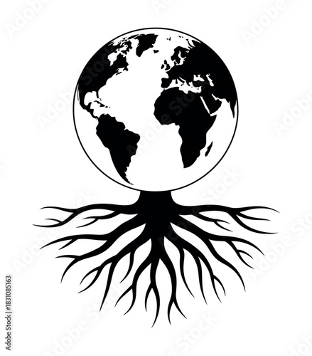 Illustration of earth as a tree with roots in black and white design