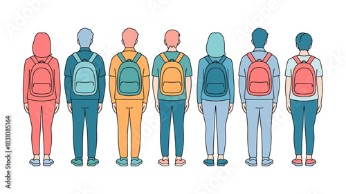 Group of diverse people with colorful backpacks standing facing away from camera, representing education, travel, and youth culture on a clean background. 141 characters.