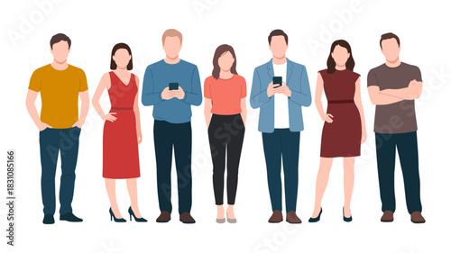 A diverse group of six casually dressed men and women standing together, each holding a smartphone, illustrating modern communication and digital connectivity in society.