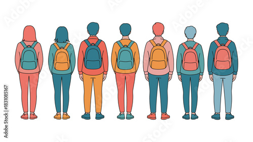 A diverse group of seven young people, seen from behind, wearing colorful backpacks and casual clothing, standing in a line, representing education and travel.