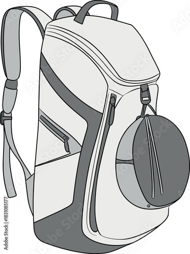 Backpack, vector, illustration, sketch, outline, fashion, gear, durable, ergonomic, structured, silhouette, layout, equipment, design, zipper, protection, accessory, padded, travel, pocket, sport